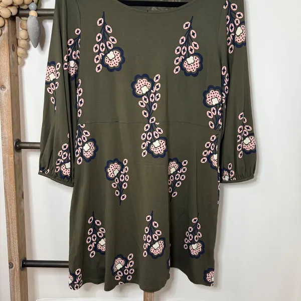 Boden Olive Green Floral Print Three Quarter Sleeve Tunic Dress‎ Size 10P - Image 4