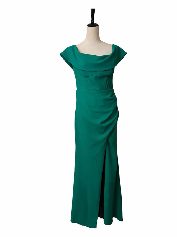 Betsy & Adam Gown Size 8 Emerald Green Corset Cowl Neck Ruched Formal Maxi Dress - Image 3