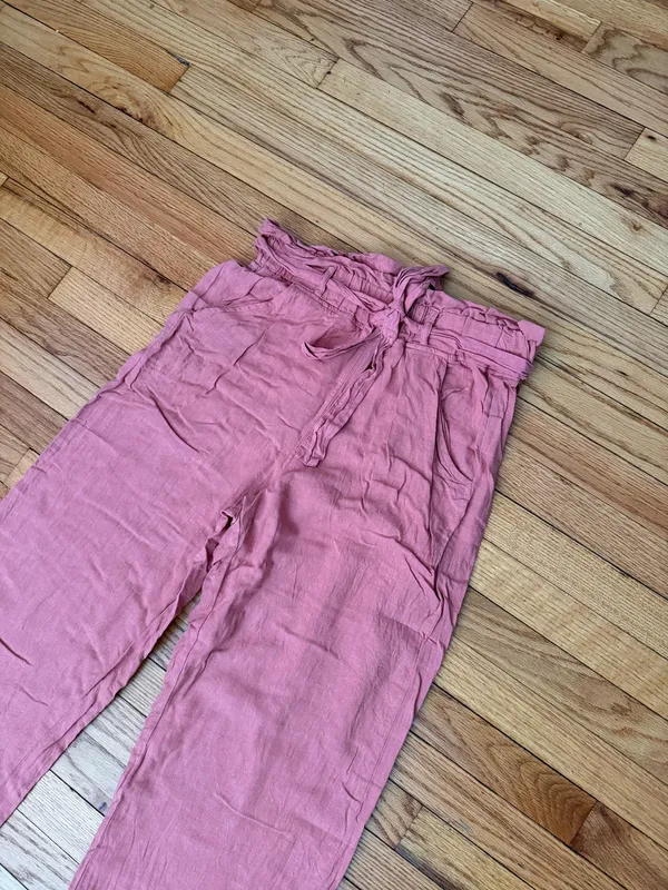 Thread & Supply Linen Pleated Belt Paperbag High Waist Wide Trousers Sz L Rose Pink crinkle texture tie waistband ruffled flowy coastal - Image 2