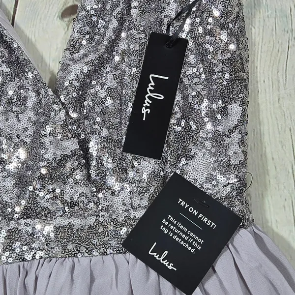 Lulus Elegant Encounter Pewter Sequin Maxi Dress Silver Grey V-Neck Gown Small - Image 7