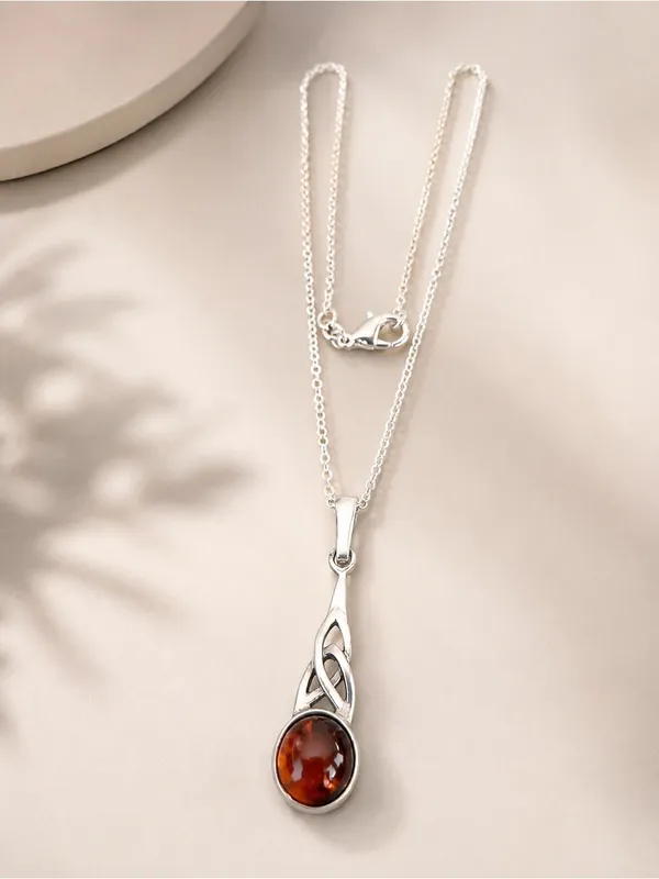 Estate Sterling Silver Celtic Knot Baltic Amber Necklace w/ Sterling Plate Chain - Image 5