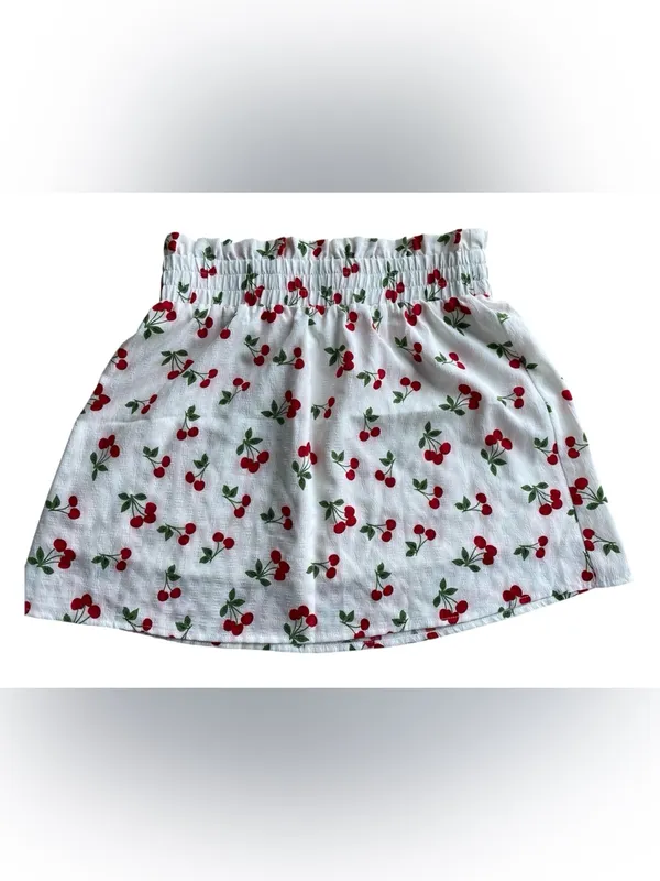 Anthropologie Cherry Print Mini Skirt White Red Fruit A-Line Smocked Waist M - Image 2
