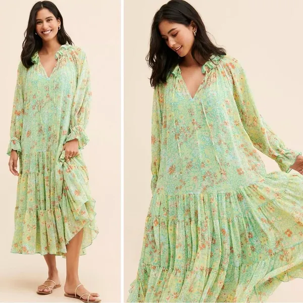 Free People Feeling Groovy Maxi Dress Size Large 70s Chartreuse Floral Bohemian - Image 7