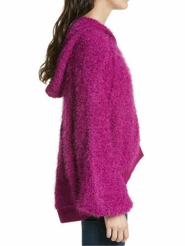 Free People Furry Time Fuchsia Hooded Zip Jacket Fuzzy Boucle Size M - Image 3