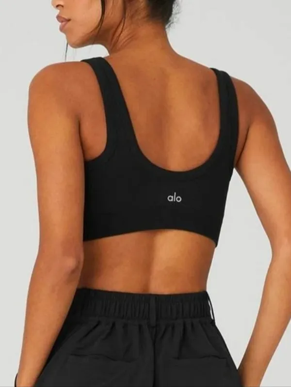 ALO Yoga Wellness Black Logo Ribbed Sport Bra Size S - Image 2