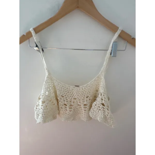 Free People Ivory White‎ Crochet Crop Top Boho Cotton Knit Cami XS - Image 4
