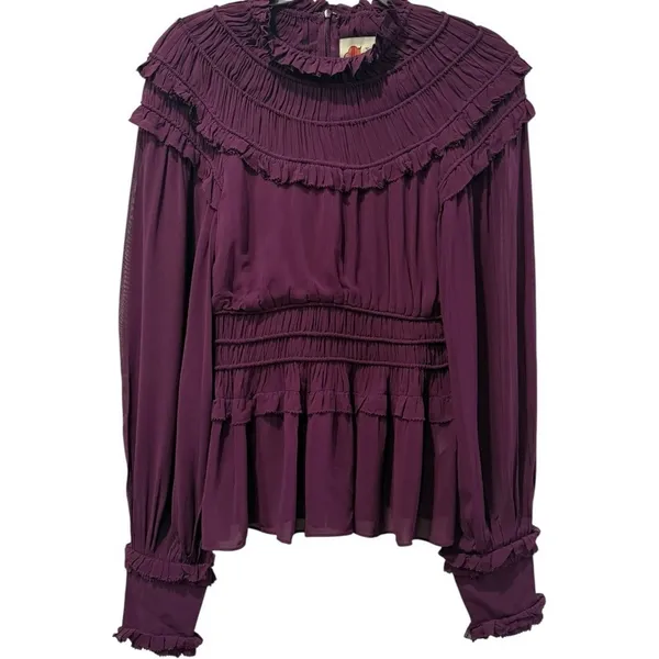 FARM RIO Ruffled Pleated Burgundy Purple Peplum‎ Blouse Sheer Sleeve Top XS - Image 4