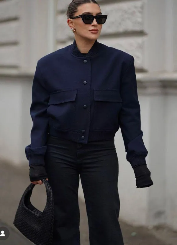 ZARA Casual Bomber Jacket Coat Navy Blue Cropped Blogger - Image 8