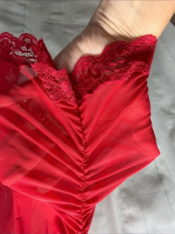 Frederick’s of Hollywood Red Lace Mesh Chemise Halter Cinced Side Sexy Nighty - Image 3