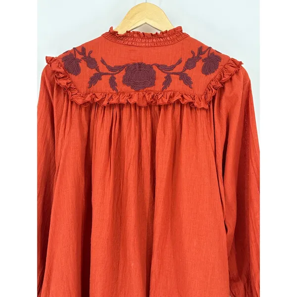 Free‎ People Rose Vines Top Women Small Rust Orange Embroidered Ruffle Smocked - Image 11