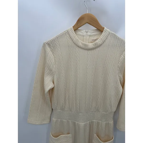 Roolee‎ Women Cream Textured Knit Midi Dress Long Sleeve Patch Pocket Medium - Image 3