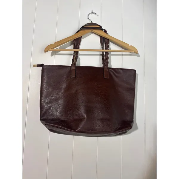 Weimersaige Brown Shoulder Tote Bag Braided Handles Whipstitch Zip Large - Image 4