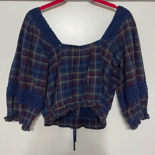 AMERICAN EAGLE Lace Puff Sleeve Plaid Eyelet Blouse - Image 4