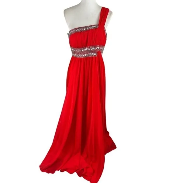 FabuLuxe Couture Red One-Shoulder Beaded Evening Gown Size Large Hand Beaded - Image 2