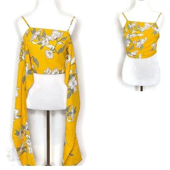 Goodnight Macaroon Boho Tropical Resort Drape Accent Tie Camisole Crop Top S Yellow Floral‎ White - Image 2