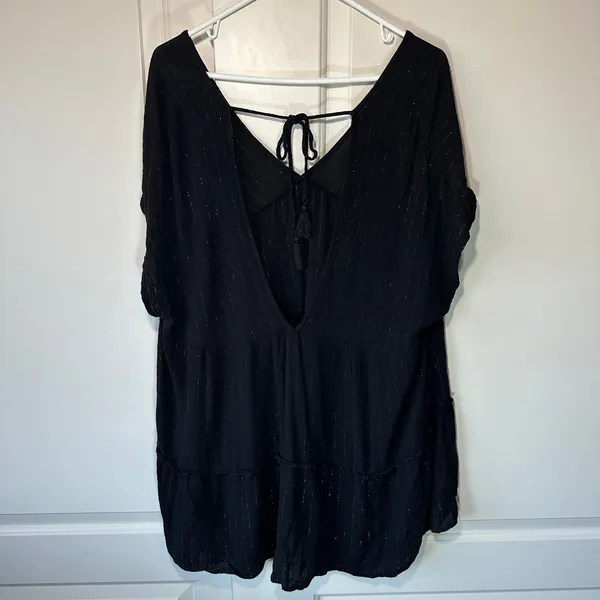 Black‎ Tunic Top V Neck Tie Back Tiered Gold Metallic Stripe Boho Blouse 2XL - Image 2