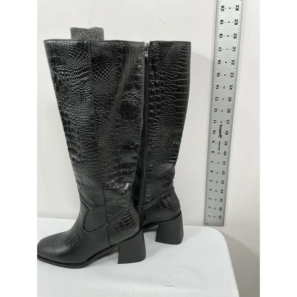 Womans New Pomoxilkn Knee High Riding Boots Size 6 Black Block Heel Side Zip - Image 3