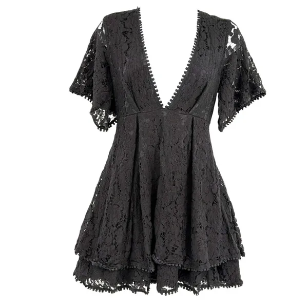 Showpo Lace Mini Dress 6 Whimsigoth Romantic Babydoll Deep V Fairy Grunge Y2K - Image 2