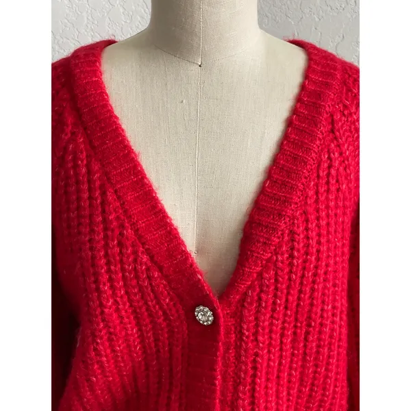 Lulus Red V Neck Rhinestone Cardigan Sweater XS - Image 4