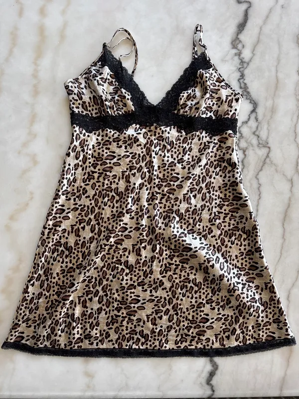 Cabernet Leopard Print Satin Slip Dress Black Lace Trim Chemise Nightgown Size M - Image 3