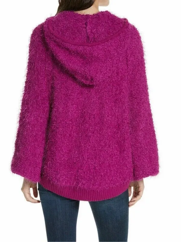 Free People Furry Time Fuchsia Hooded Zip Jacket Fuzzy Boucle Size M - Image 2