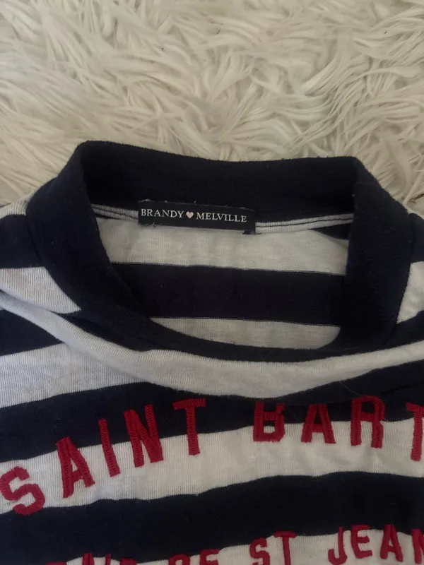 Brandy Melville Black/White Striped Crewneck Long Sleeve Embroidered Tee OS - Image 3
