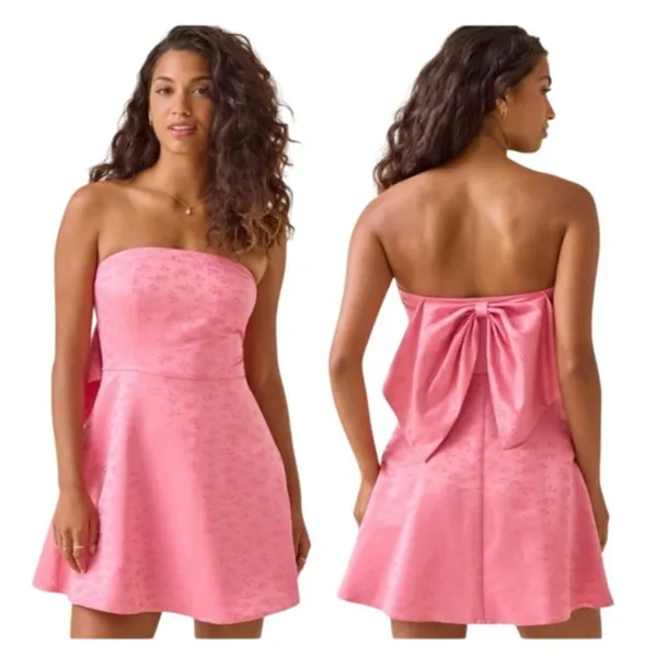 Altar’d State Strapless A-line Bow Mini Dress Pink Satin Size Medium Romantic - Image 2