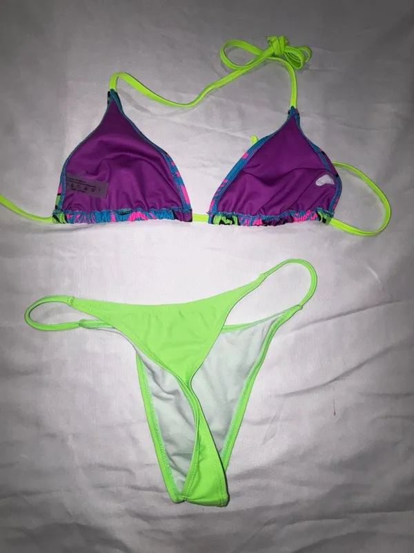 Neon Green and Psychedelic Smiley Print Thong Bikini Set - Image 4