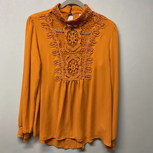 Xhilaration Womens Blouse Mustard Yellow Crochet Lace Bib Boho High Neck Large - Image 2