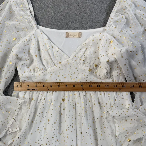 Altard State White Gold Star Tiered Ruffle Mini Dress Size Medium Puff Sleeve - Image 8