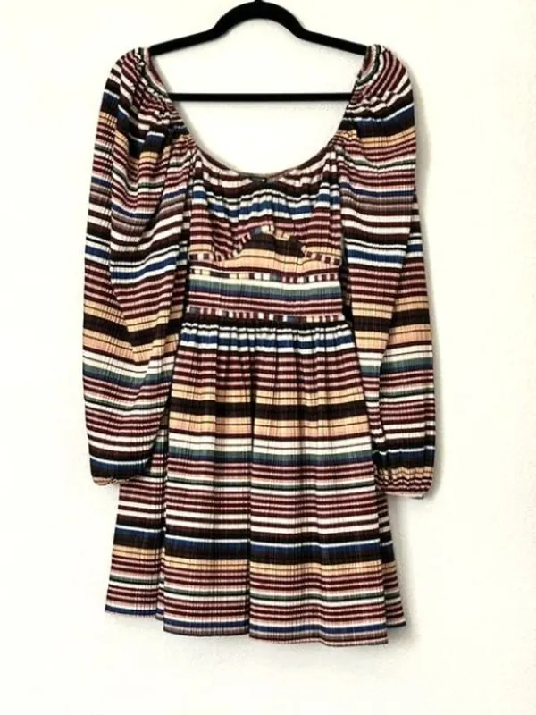 Zara Striped Babydoll Mini Dress Puff Sleeve Earthy Artsy‎ Festival Boho Medium - Image 2