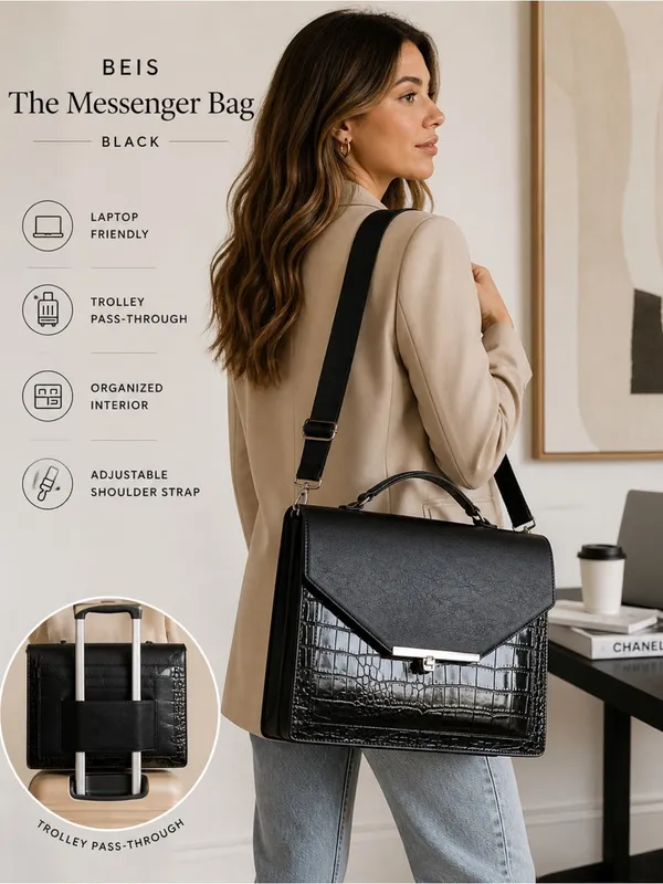 BEIS Black Leather Croc Embossed Padded Laptop Bag with Shoulder Strap - Image 2