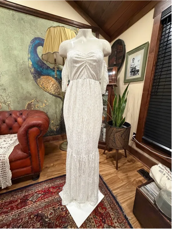 White Lace Mermaid Wedding Dress Off Shoulder Prom Bridal Gown Minimalist Size M - Image 4