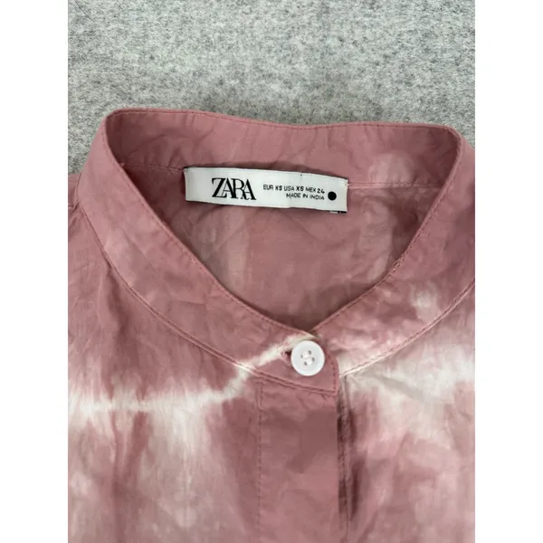 Zara Oversized XS Top Pink‎ White Tie Dye Button Down Long Sleeve Frayed Hem - Image 9