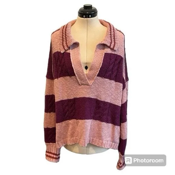 ✨Free People Pembrook Sz Medium Sweater in Moody Pink Combo Striped Cotton✨ - Image 6