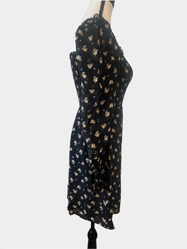 Maje Rithik Black Camel Floral Smocked Mini Dress Size 36 US 4 Small - Image 4