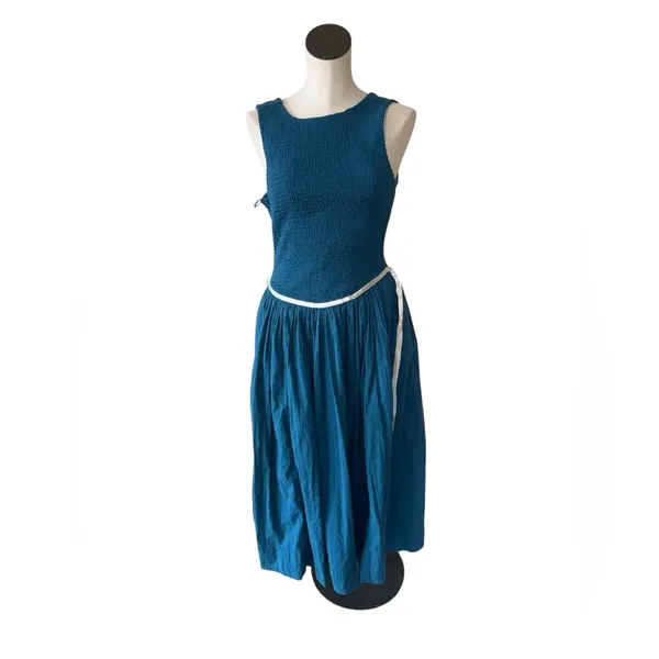 NEW Free People Nightingale Seersucker Midi Dress Tea Navy Combo Small - Image 8