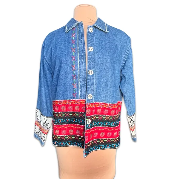 Vintage Oversized Embroidered Denim‎ Jacket Boho Cowgirl Southwestern Festival - Image 8