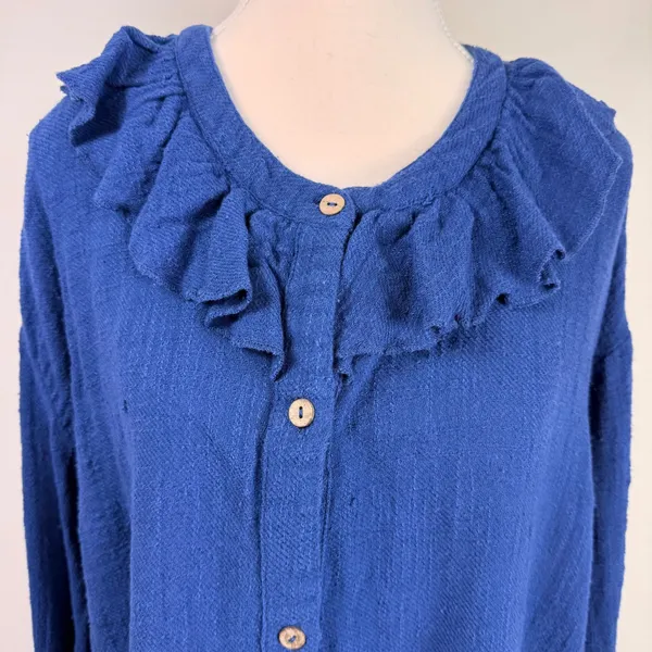 Free People Ruffled Neck Button‎ Front Cotton Shirt Blue Size L G - Image 4