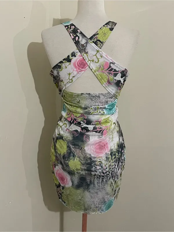 Floral Mesh Mini Dress in Pastel Pink & Aqua - Image 3