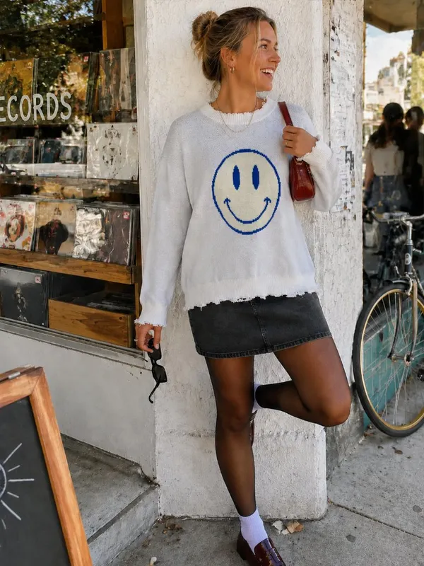 Miss Sparkling Smiley Face Graphic Distressed Knit Crewneck Sweater - Image 8