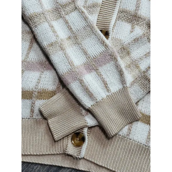 Ann Taylor Plaid Boyfriend Button Front Cardigan in Cream Small - Image 7