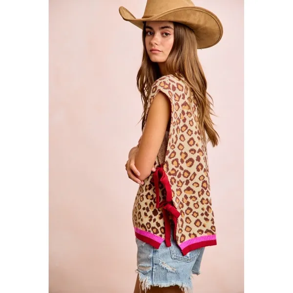 BiBi Leopard Pattern Side Tied Sweater Vest Top - Image 13