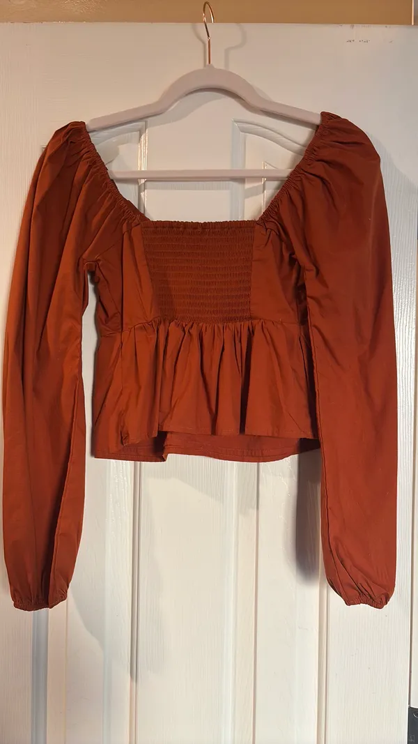 Abercrombie Long Sleeve Cropped Shirt Burnt Orange - Image 2