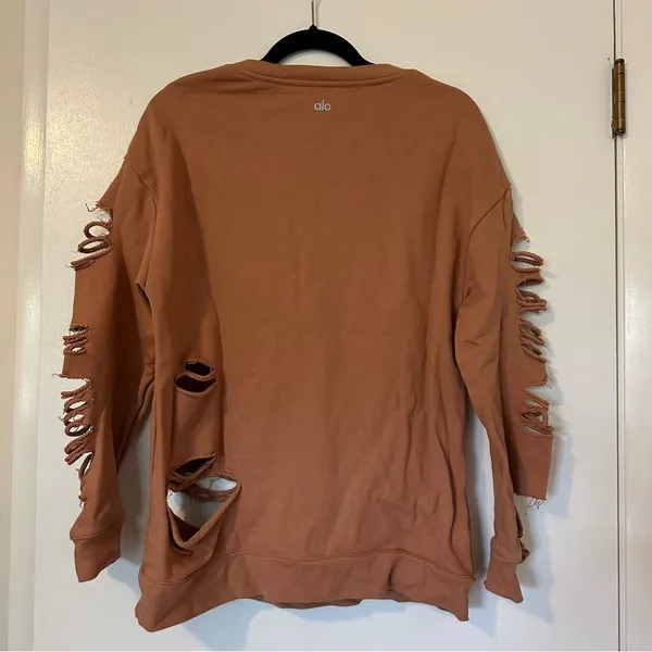 ALO Yoga Fade Distressed Pullover Crewneck Sweatshirt Womens Small Tan - Image 7