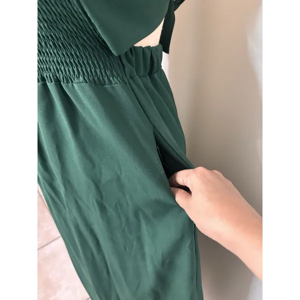 Womens Smocked Green Midi Dress Cottage Sundress Pockets Backless Straps Stretch - Image 5