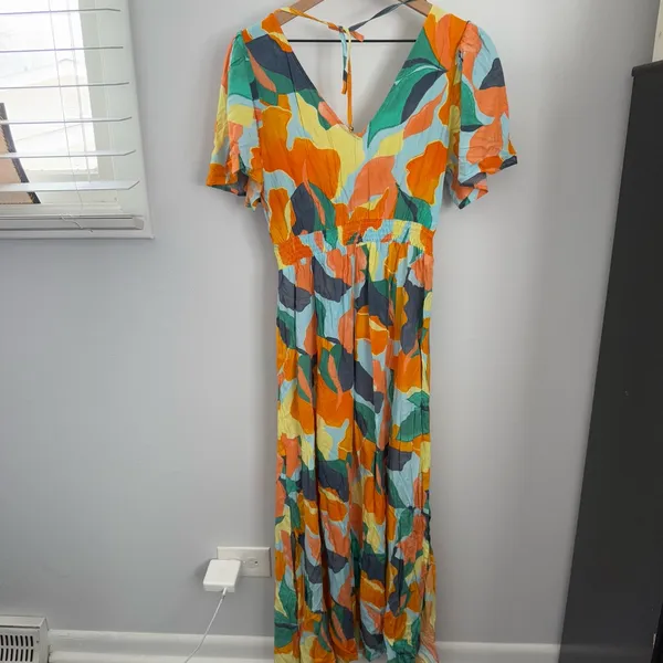 Mabel Hilda Midi Dress Green Orange Abstract Resort Tropical Groovy‎ - Image 2