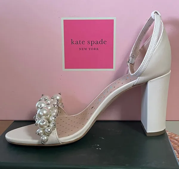 Kate Spade NIB Rosa Pearly Stud Ankle-strap Block Heels Ivory Parchment Size 6.5 - Image 8