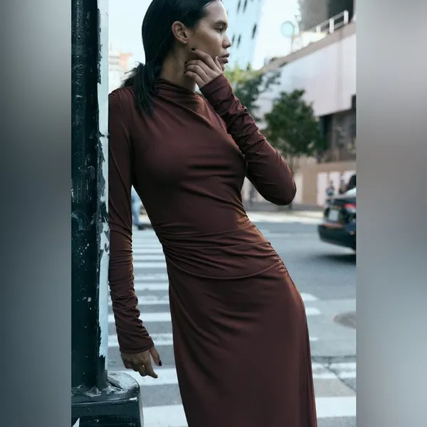 NWT Zara Draped Long Ruched Maxi Dress in Tobacco Brown Size XS - Image 3