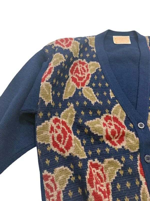 Pendleton Navy Floral Rose Print Cardigan Sweater Wool Knit Button Large Women's - Image 3